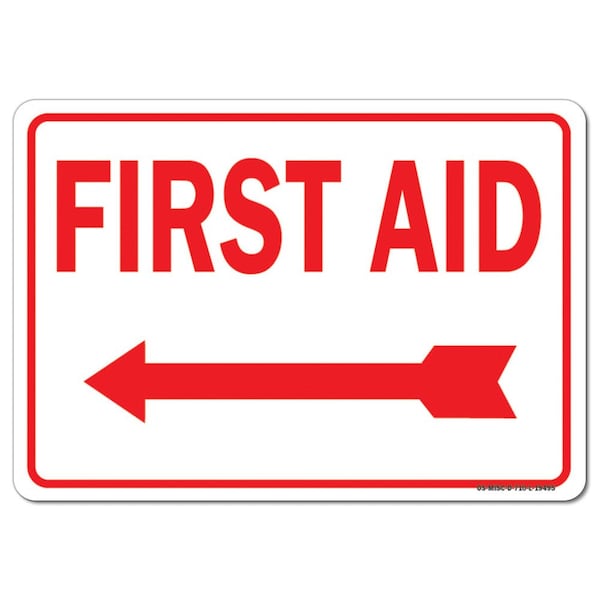 OSHA, 3.5" Height, Decal, 5" x 3.5", Landscape, PK10, First Aid with Left Arrow (red on white)